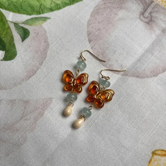 Amber Blue Jade Beige Czech Glass Acrylic Butterfly Earrings, Cute Fun Jewelry - Picture 5 of 6